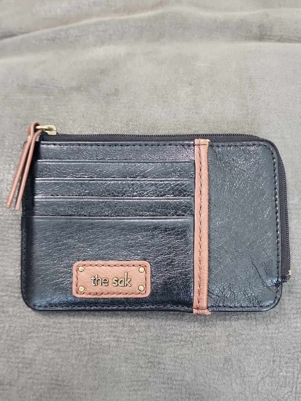 The Sak Black Leather Zip Card Holder Wallet ID Case Keychain Pouch